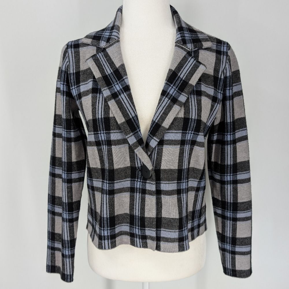Tahari Medium Black Gray Blue Plaid Cropped Long Sleeve Jardigan Blazer Cardigan